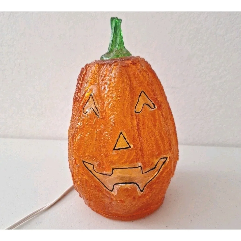 Vintage Halloween Pumpkin Melted Plastic Popcorn Light Up Jack O Lantern Lamp 8